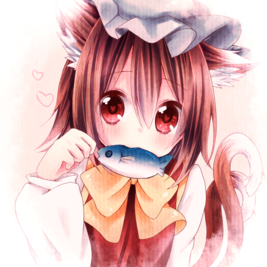 1girl, animal_ears, blush, brown_hair, bust, cat_ears, cat_tail, chen
