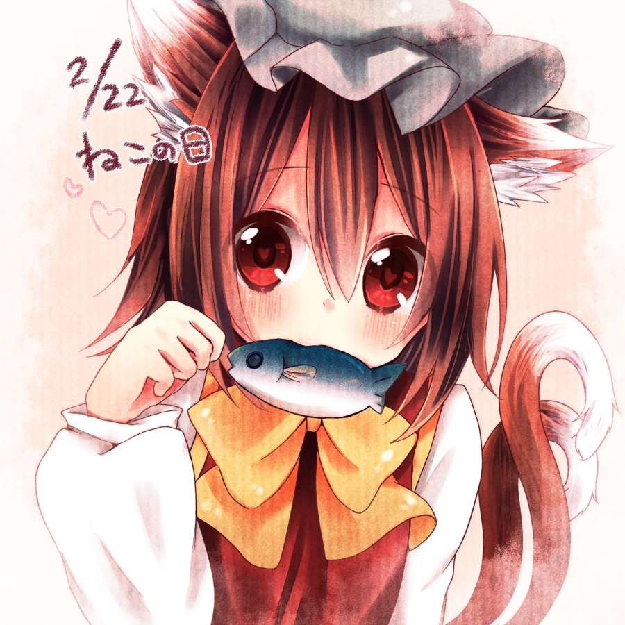 1girl, animal_ears, blush, brown_hair, bust, cat_ears, cat_tail, chen