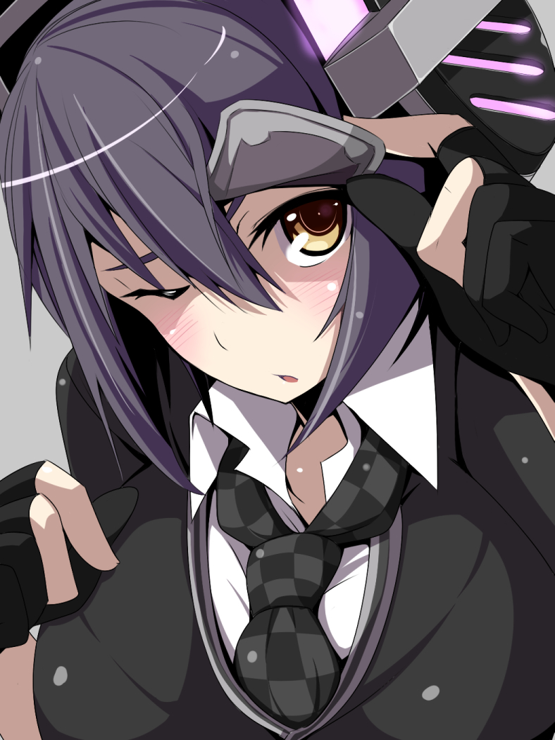 1girl, blush, breasts, close-up, eyepatch, eyepatch_lift, fingerless_gloves, gloves