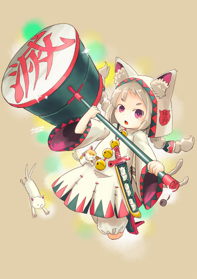 1girl, animal_hood, bell, braid, brown_hair, cat, cat_hood, chestnut_mouth
