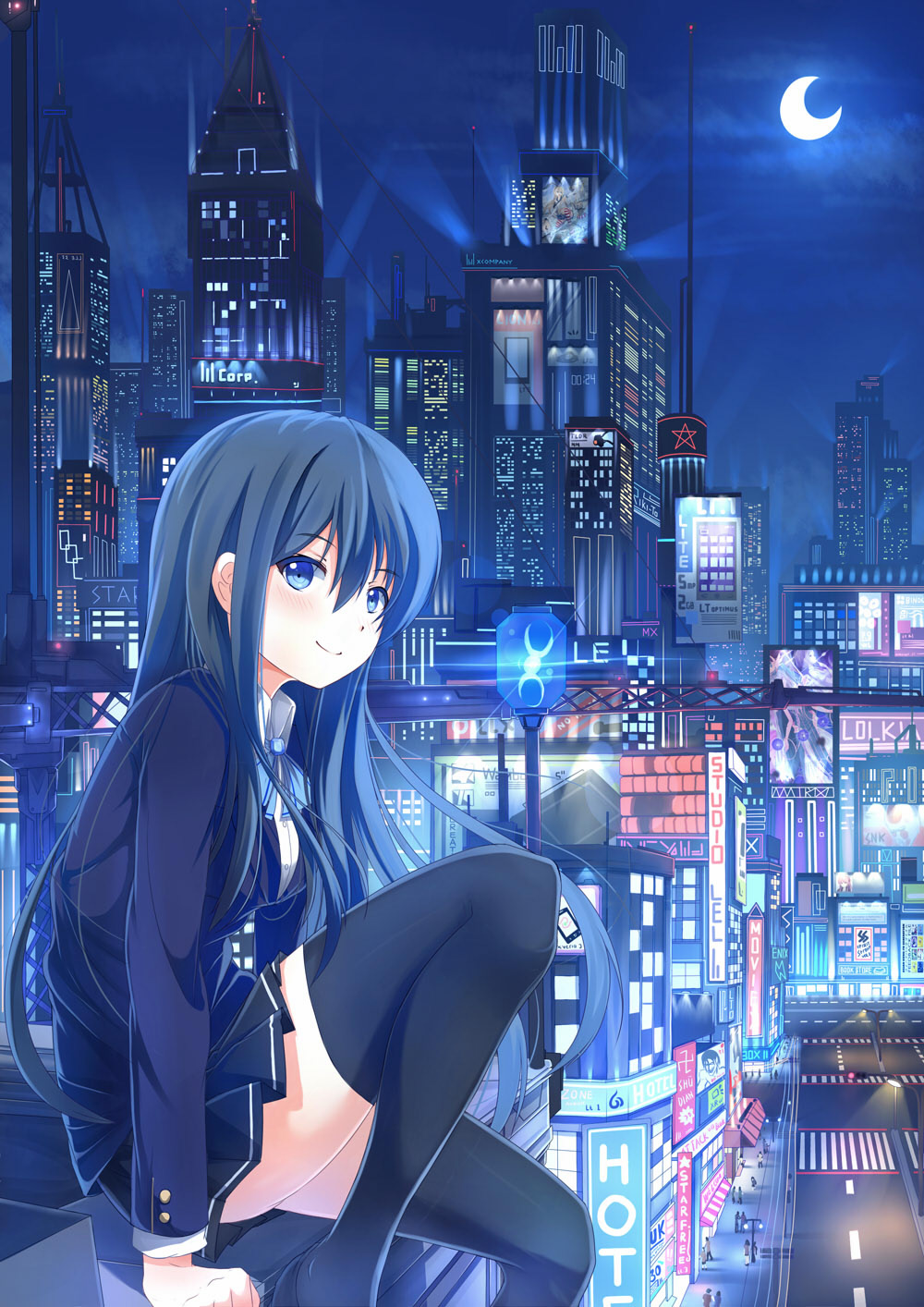 1girl, alternate_hair_color, billboard, blue_eyes, blue_hair, blush, bow, building