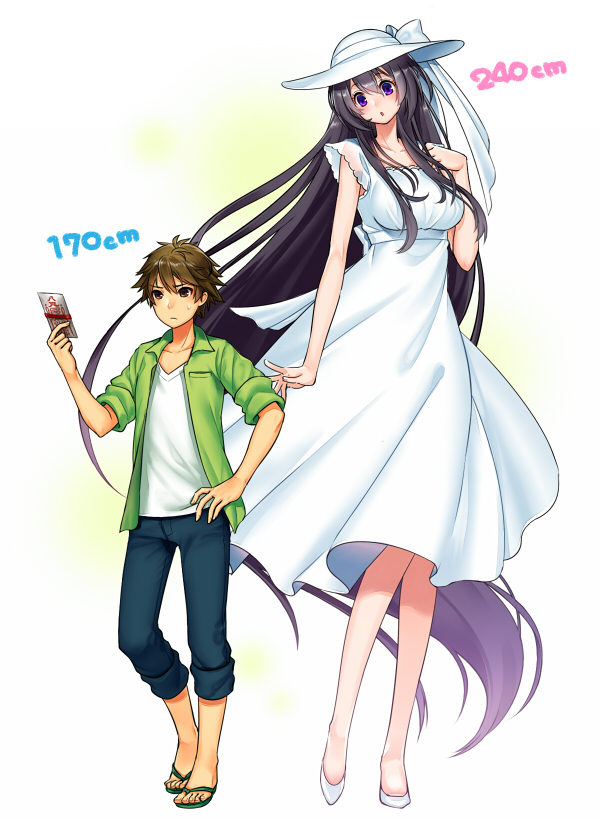 1boy, 1girl, absurdly_long_hair, blush, breasts, brown_eyes, brown_hair, dress