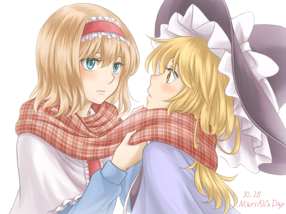 2girls, alice_margatroid, blonde_hair, blue_eyes, blush, capelet, dated, eye_contact
