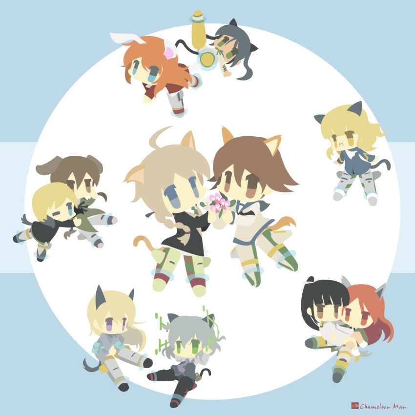 6+girls, ahoge, animal_ears, artist_name, black_hair, blonde_hair, blue_eyes, bouquet