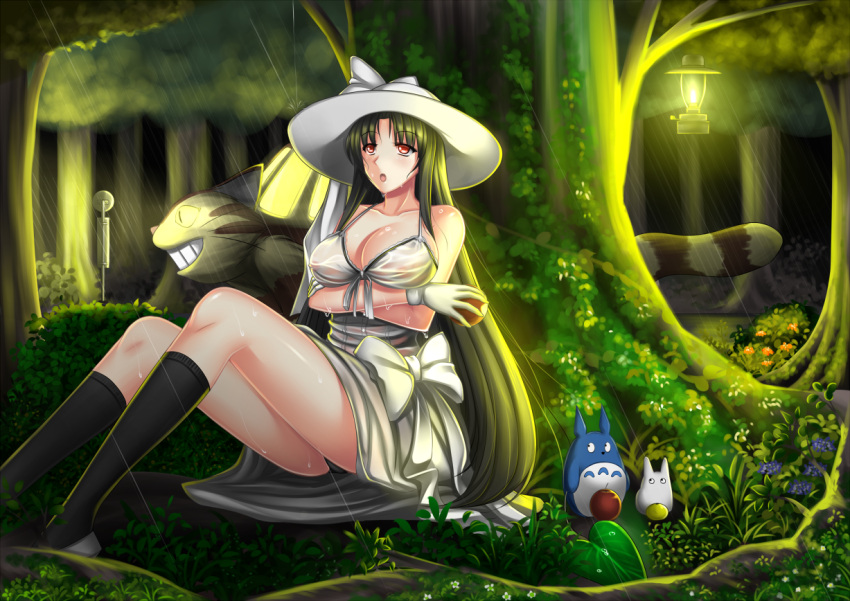 1boy, 1girl, apple, black_hair, black_legwear, dress, food, fruit