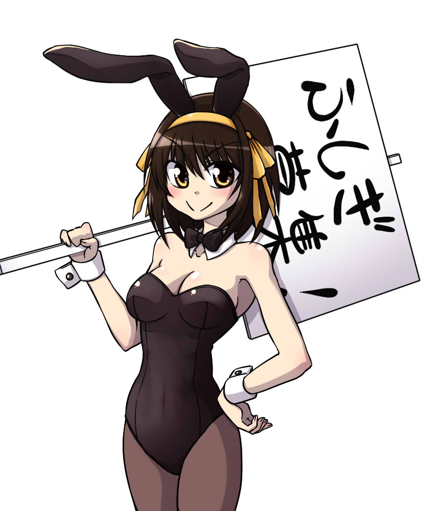 1girl, animal_ears, bowtie, breasts, brown_eyes, brown_hair, bunnysuit, cleavage