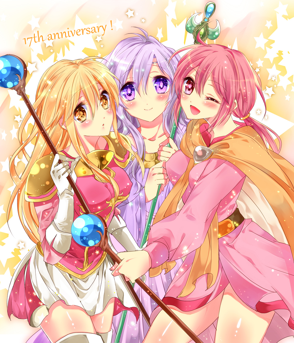3girls, :o, ;d, anniversary, armor, armored_dress, blonde_hair, blush, cape, diadora_(fire_emblem), dress, ethlin_(fire_emblem), fire_emblem, fire_emblem:_seisen_no_keifu, lachesis_(fire_emblem), long_hair, multiple_girls, open_mouth, pink_eyes, pink_hair, purple_hair, rimao, smile, staff, thigh-highs, violet_eyes, wink, yellow_eyes, zettai_ryouiki
