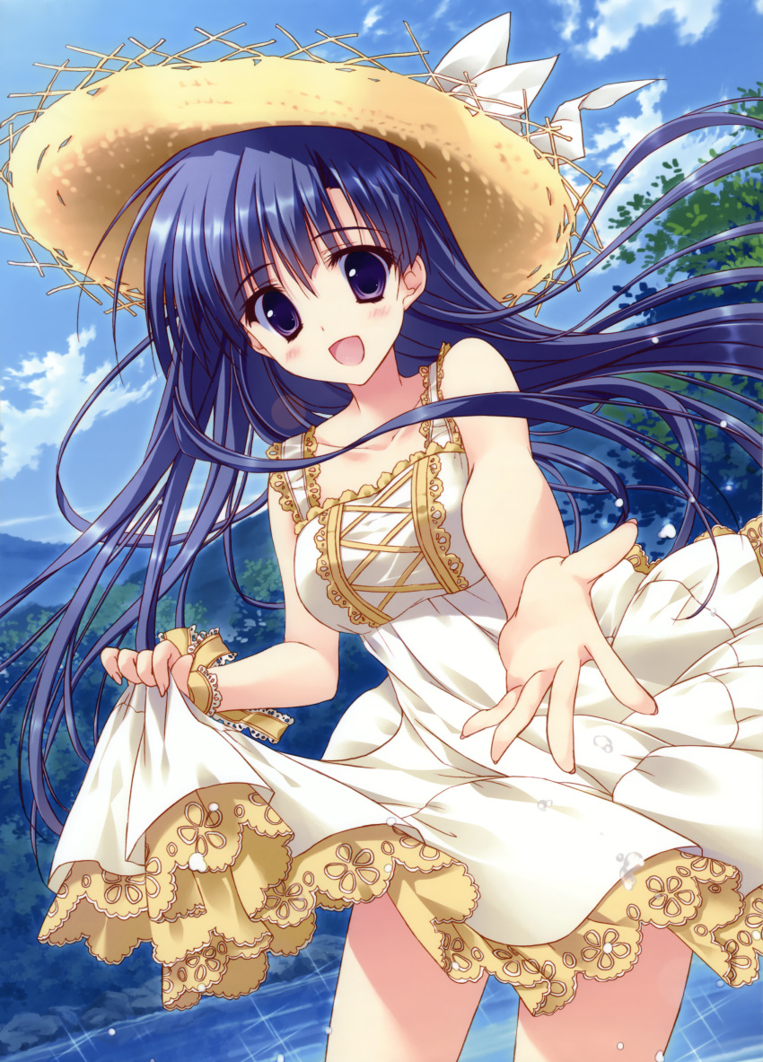 1girl, :d, absurdres, blue_eyes, blue_hair, blush, bow, clouds