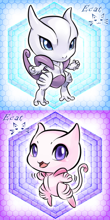 alternate_form, artist_name, blue_eyes, chibi, mega_pokemon, mew, mewtwo, motion_lines, newtop, no_humans, open_mouth, pokemon, pokemon_(creature), pokemon_(game), pokemon_xy, smile, standing, tail