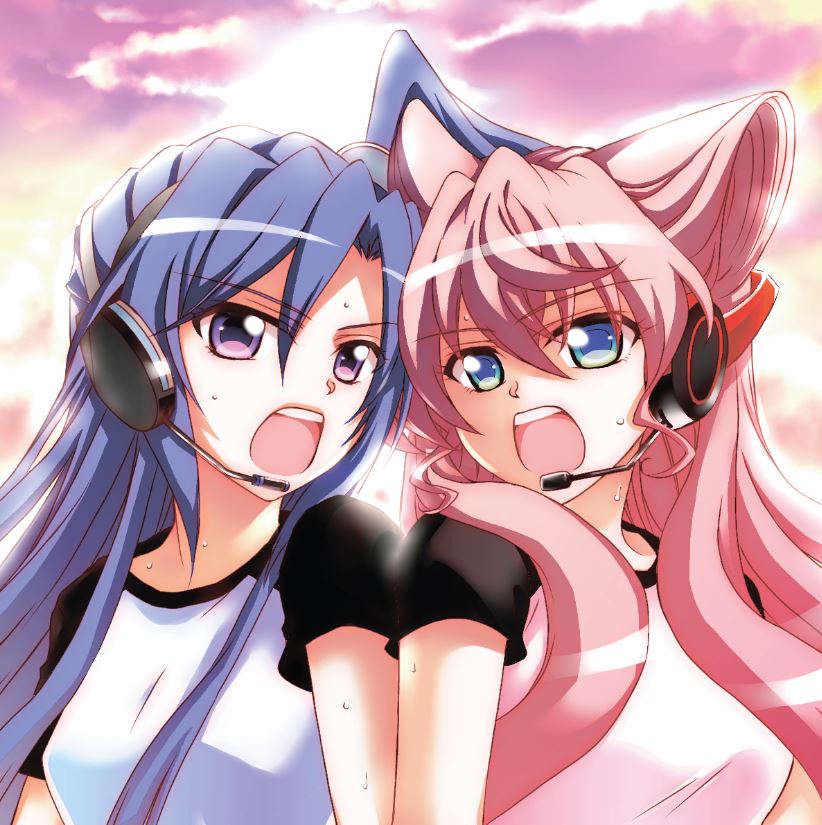 2girls, blue_eyes, blue_hair, hair_ornament, headset, kazanari_tsubasa, kohakura, long_hair