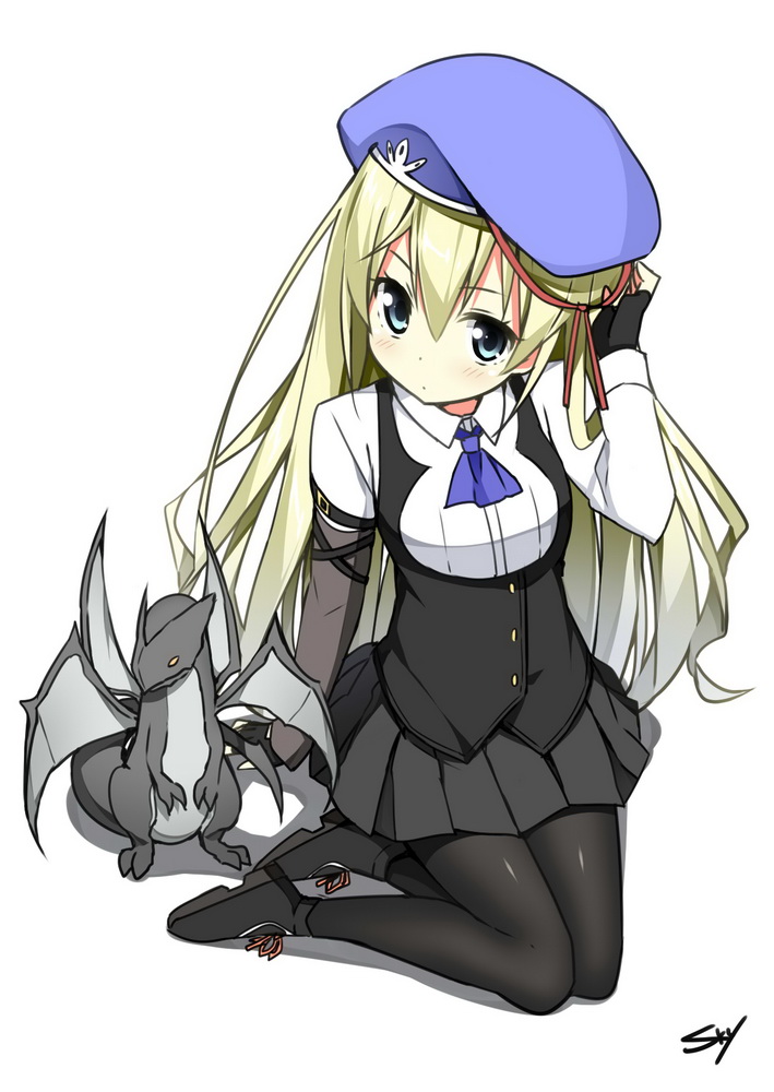 1girl, blonde_hair, blue_eyes, dragon, fingerless_gloves, gloves, hat, kikou_shoujo_wa_kizutsukanai, long_hair, pantyhose, sky_(freedom), solo