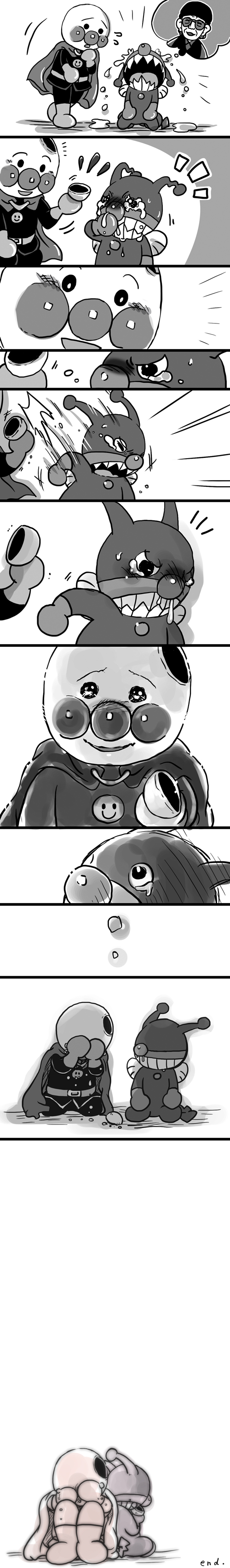 absurdres, anpanman, anpanman_(character), baikinman, bread, cape, comic, crying