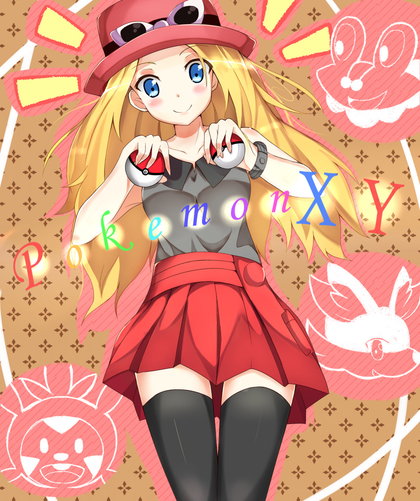 1girl, bag, black_legwear, blonde_hair, blue_eyes, blush, bracelet, chespin
