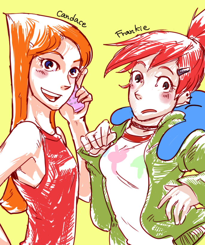 2girls, candace_gertrude_flynn, cartoon_network, disney, dress, frankie_foster, green_jacket, multiple_girls