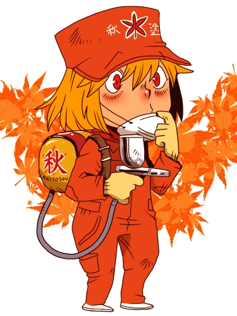 1girl, airbrush, aki_shizuha, alternate_costume, autumn_leaves, backpack, bag, blonde_hair