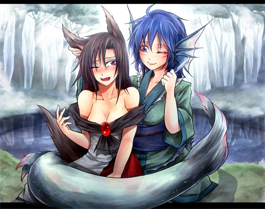 2girls, animal_ears, blue_eyes, blue_hair, blush, breasts, brooch, brown_hair