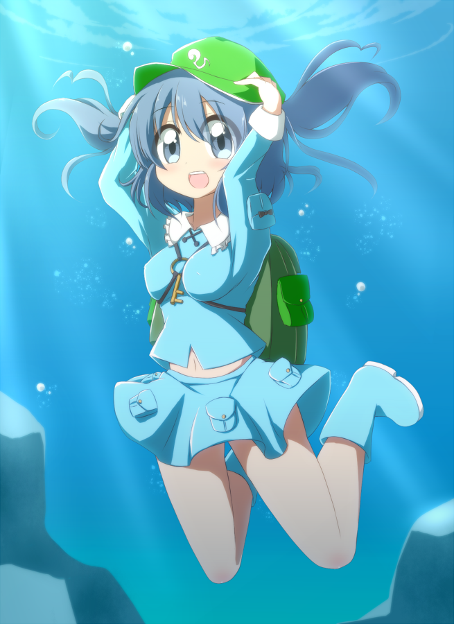 1girl, backpack, bag, blue_eyes, blue_hair, boots, bubble, bwell
