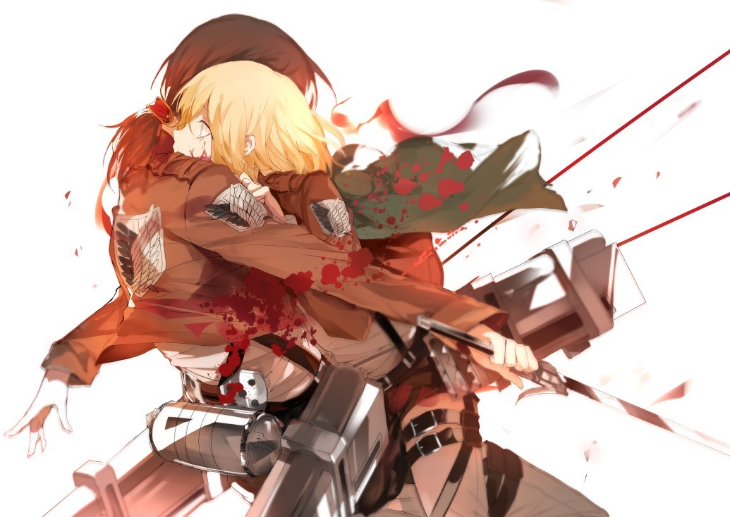 2girls, belt, black_hair, blonde_hair, blood, blue_eyes, christa_renz, hug, jacket, long_hair, multiple_girls, ponytail, ran_(pixiv2957827), shingeki_no_kyojin, short_hair, simple_background, sword, tears, thigh_strap, three-dimensional_maneuver_gear, uniform, weapon, ymir_(shingeki_no_kyojin)