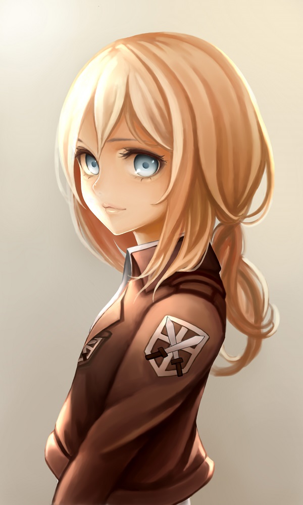 1girl, blonde_hair, blue_eyes, christa_renz, jacket, long_hair, ponytail, sashimi_(adam026), shingeki_no_kyojin, simple_background, smile, solo, uniform