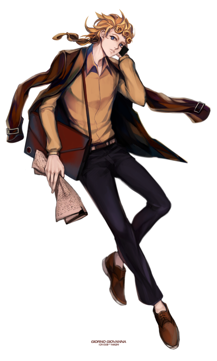 1boy, alternate_costume, blonde_hair, blue_eyes, braid, casual, deyamiro, giorno_giovanna, jacket_on_shoulders, jojo_no_kimyou_na_bouken, newspaper, solo, suspenders
