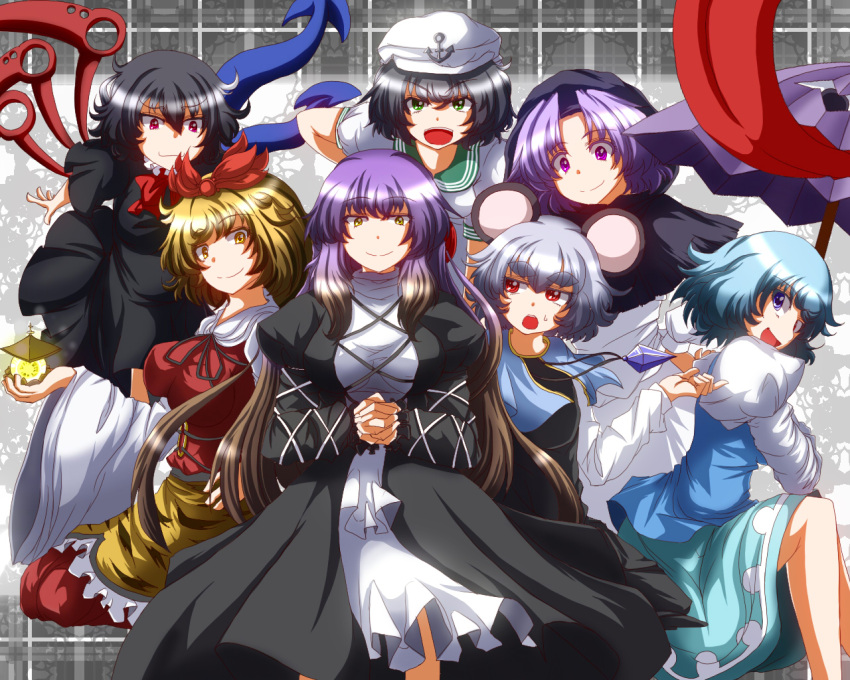 6+girls, animal_ears, asymmetrical_wings, bishamonten's_pagoda, black_hair, blonde_hair, blue_eyes, blue_hair