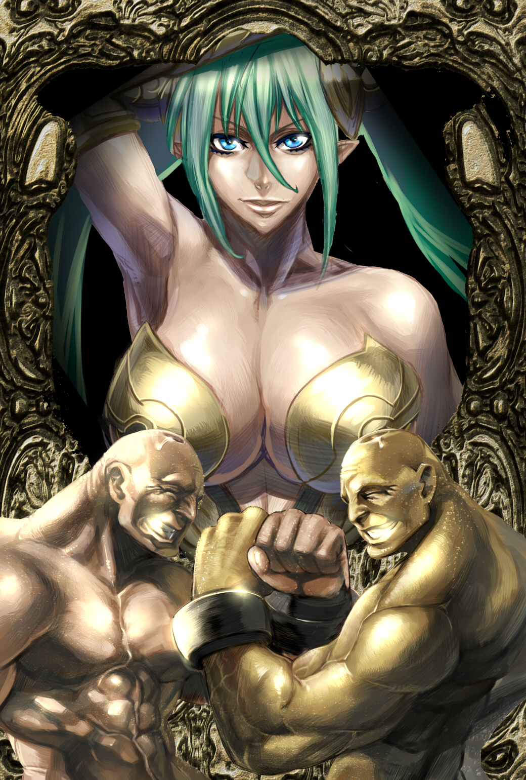 1girl, 2boys, abs, adon_(cho_aniki), armpits, bald, bare_shoulders, benten_(cho_aniki)