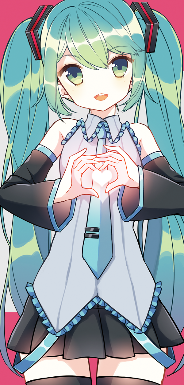 1girl, aqua_hair, detached_sleeves, green_eyes, hatsune_miku, head_tilt, heart, heart_hands, highres, long_hair, necktie, panttwa, skirt, solo, thighhighs, twintails, very_long_hair, vocaloid