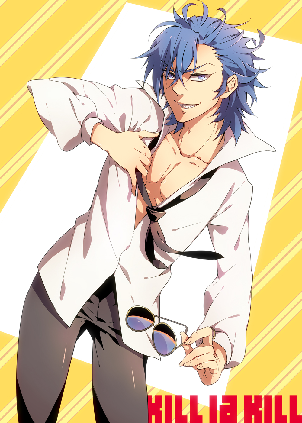 1boy, aviator_glasses, blue_eyes, blue_hair, glasses, grin, highres, himekawa_donki