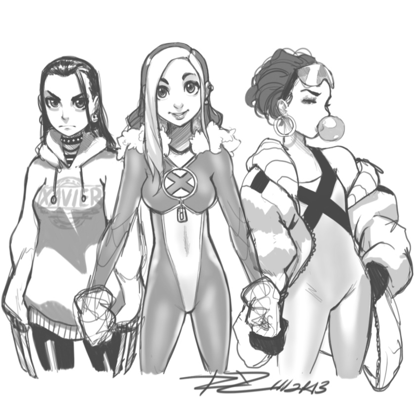 3girls, bodysuit, bubble_blowing, bubblegum, coat, earrings, gloves, highres