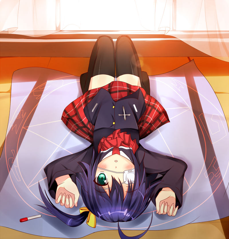 1girl, ahoge, black_hair, black_legwear, blazer, blush, chuunibyou_demo_koi_ga_shitai!, eyepatch, green_eyes, hair_ribbon, hobii_(lebataka08), looking_at_viewer, lying, magic_circle, on_back, open_mouth, open_window, pentagram, plaid, plaid_skirt, ribbon, school_uniform, short_hair, side_ponytail, skirt, solo, takanashi_rikka, thighhighs, window