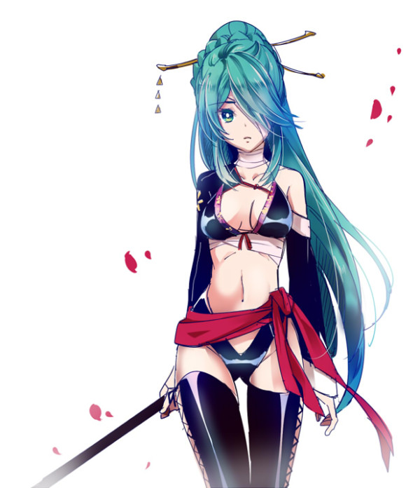 1girl, alternate_costume, alternate_hairstyle, aqua_eyes, aqua_hair, black_legwear, breasts, cleavage