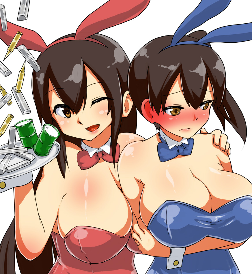 2girls, akagi_(kantai_collection), animal_ears, black_hair, bowtie, breasts, brown_eyes, bullet