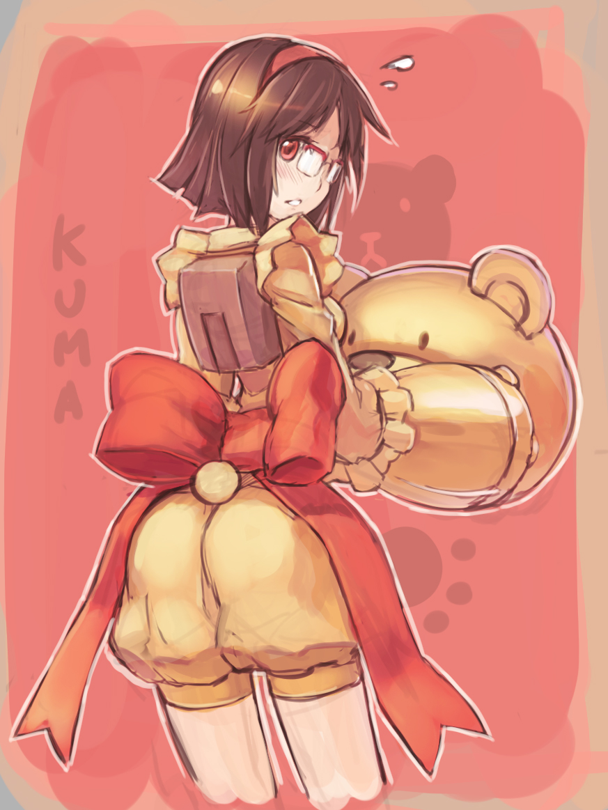 1girl, animal_costume, ass, bear_costume, beargguy_iii, blush, bow, brown_hair
