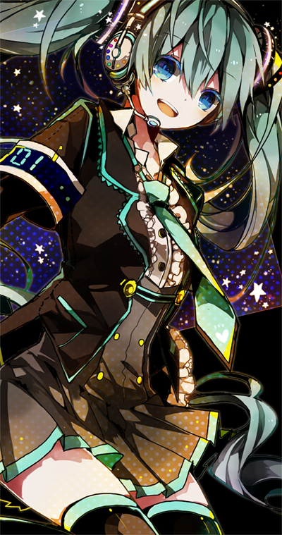 1girl, blue_eyes, green_hair, hatsune_miku, headset, necktie, open_mouth, satsuan0120