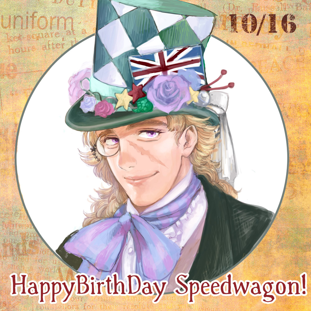 1boy, blonde_hair, dated, flag, flower, happy_birthday, hat, jojo_no_kimyou_na_bouken
