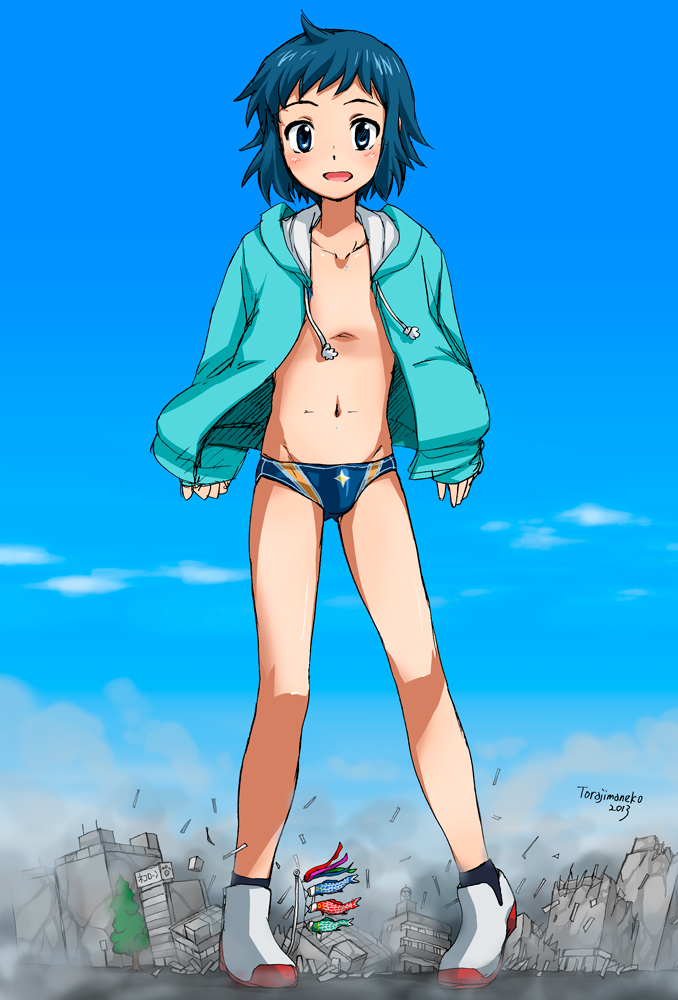 1boy, blue_eyes, blue_hair, boots, carp, giant, gundam_build_fighters, iori_sei