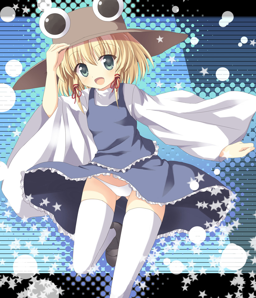 1girl, blonde_hair, blue_eyes, blush, francis_(ohne), hair_ribbon, hand_on_hat, hat