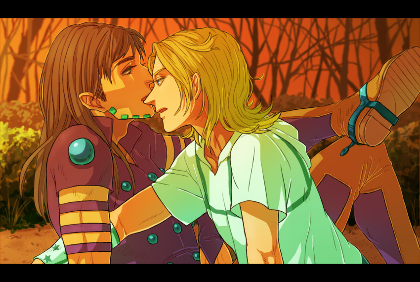 2boys, blonde_hair, brown_hair, gyro_zeppeli, johnny_joestar, jojo_no_kimyou_na_bouken, letterboxed, long_hair, multiple_boys, sannnpa24, steel_ball_run