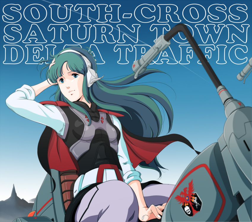1girl, 80s, belt, blue_eyes, cape, choujikuu_kidan_southern_cross, condensation_trail, emblem