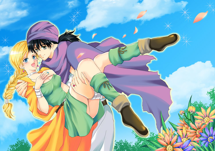 1boy, 1girl, :d, bianca, black_hair, blonde_hair, blue_eyes, blush
