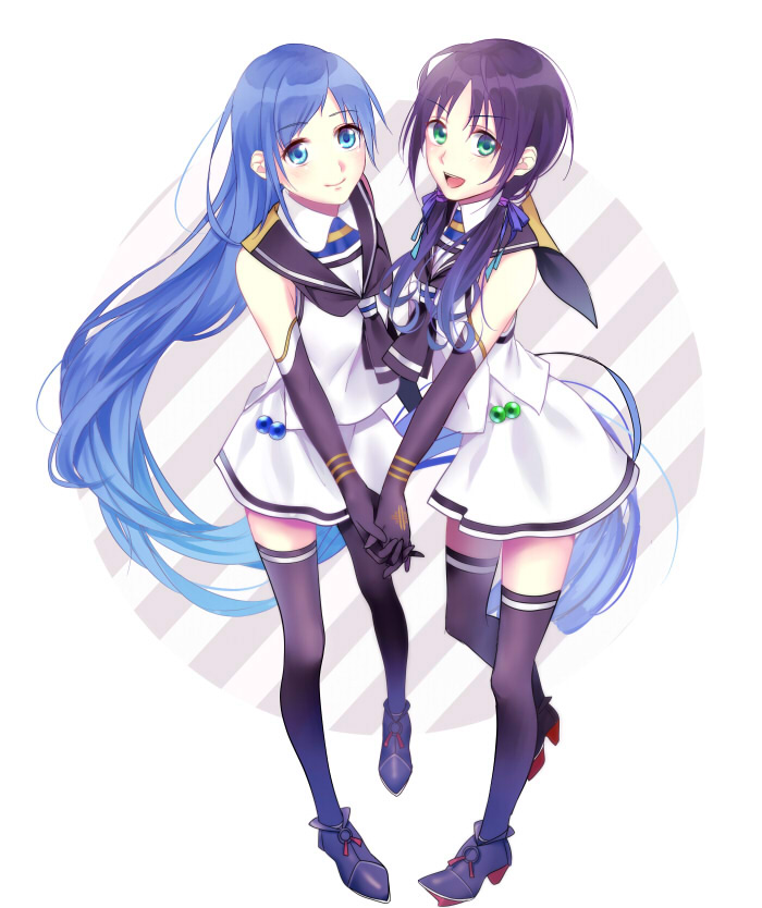 2girls, absurdly_long_hair, blue_eyes, blue_gloves, blue_hair, blue_legwear, elbow_gloves, gloves