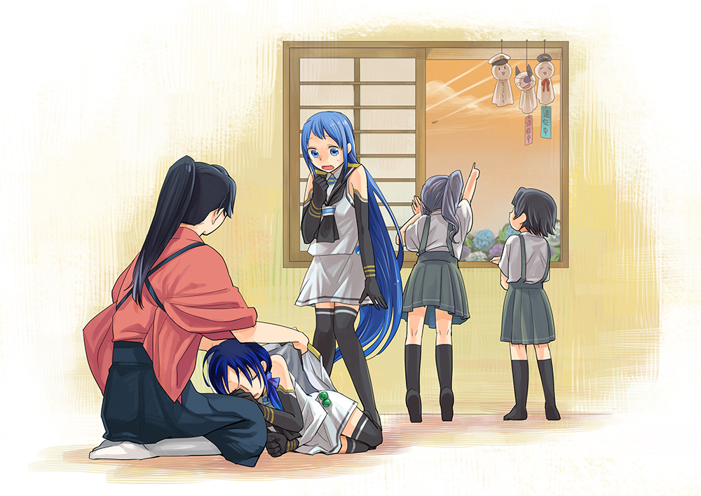 1girl, admiral_(kantai_collection), blue_eyes, blue_gloves, blue_hair, blue_legwear, cck_(ops), character_request