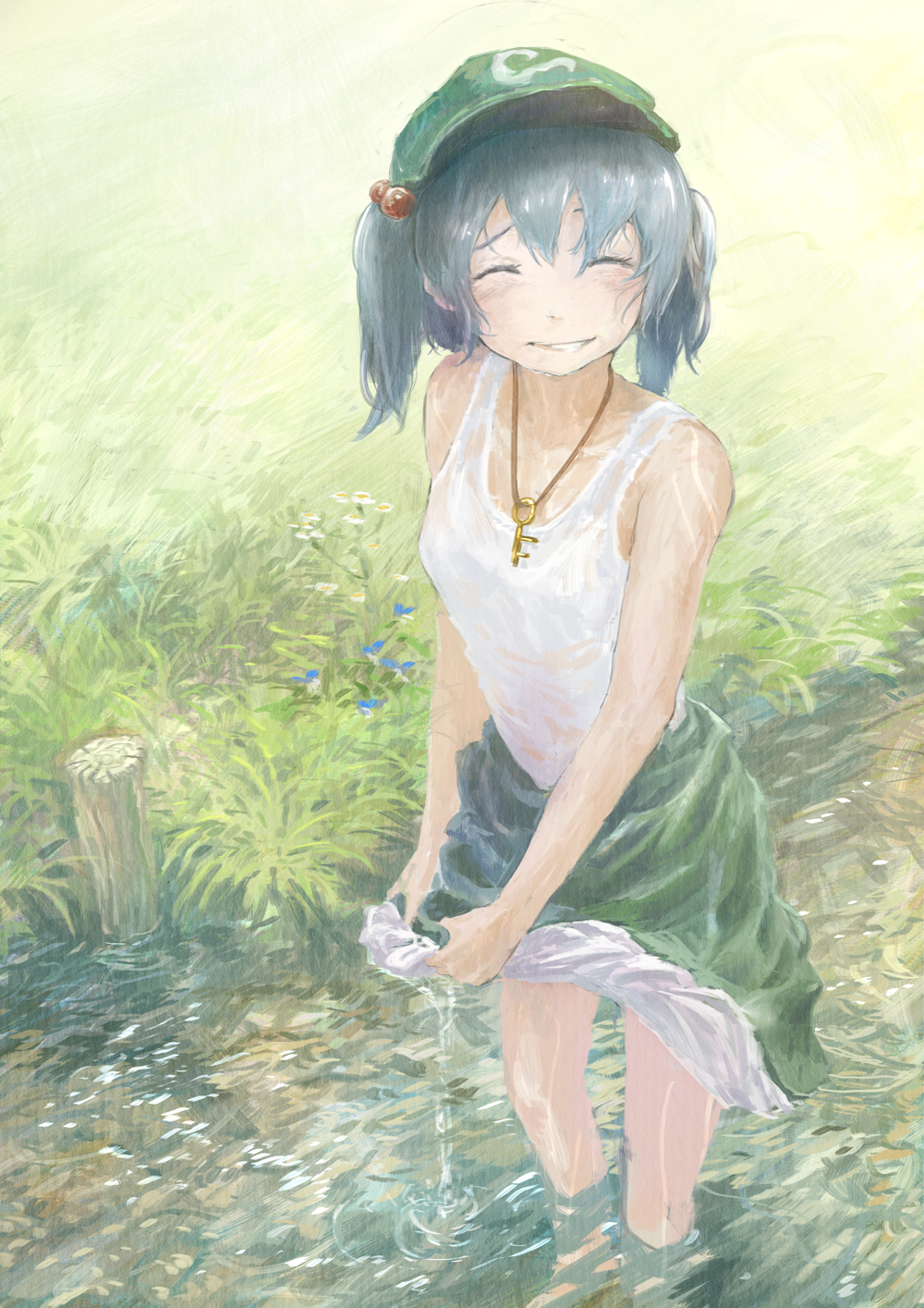1girl, ^_^, bare_shoulders, blue_hair, closed_eyes, hair_bobbles, hair_ornament, hat