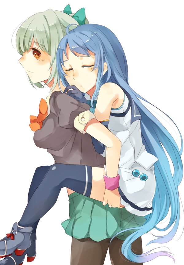 2girls, blue_gloves, blue_hair, blue_legwear, carrying, elbow_gloves, gloves, green_hair