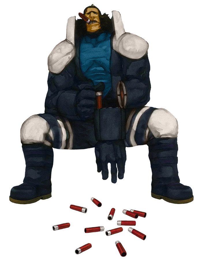 1boy, arm_cannon, boots, cigar, cyborg, grimace, high_collar, king_of_fighters
