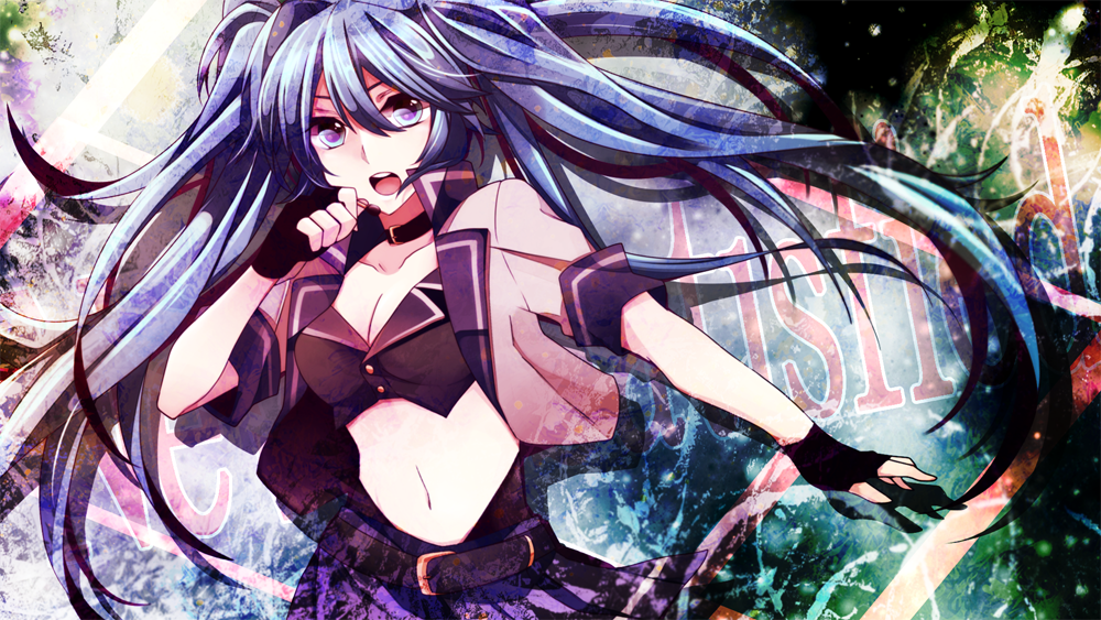1girl, blue_eyes, blue_hair, choker, fingerless_gloves, gloves, hatsune_miku, long_hair, manabu, navel, open_mouth, solo, twintails, vocaloid