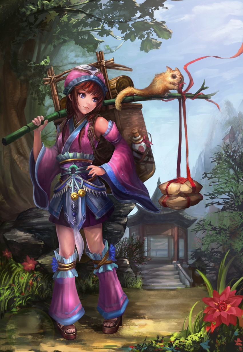 1girl, animal, bell, blue_eyes, brown_hair, cat, cj_man, detached_sleeves, flower, hat, highres, long_hair, original, smile