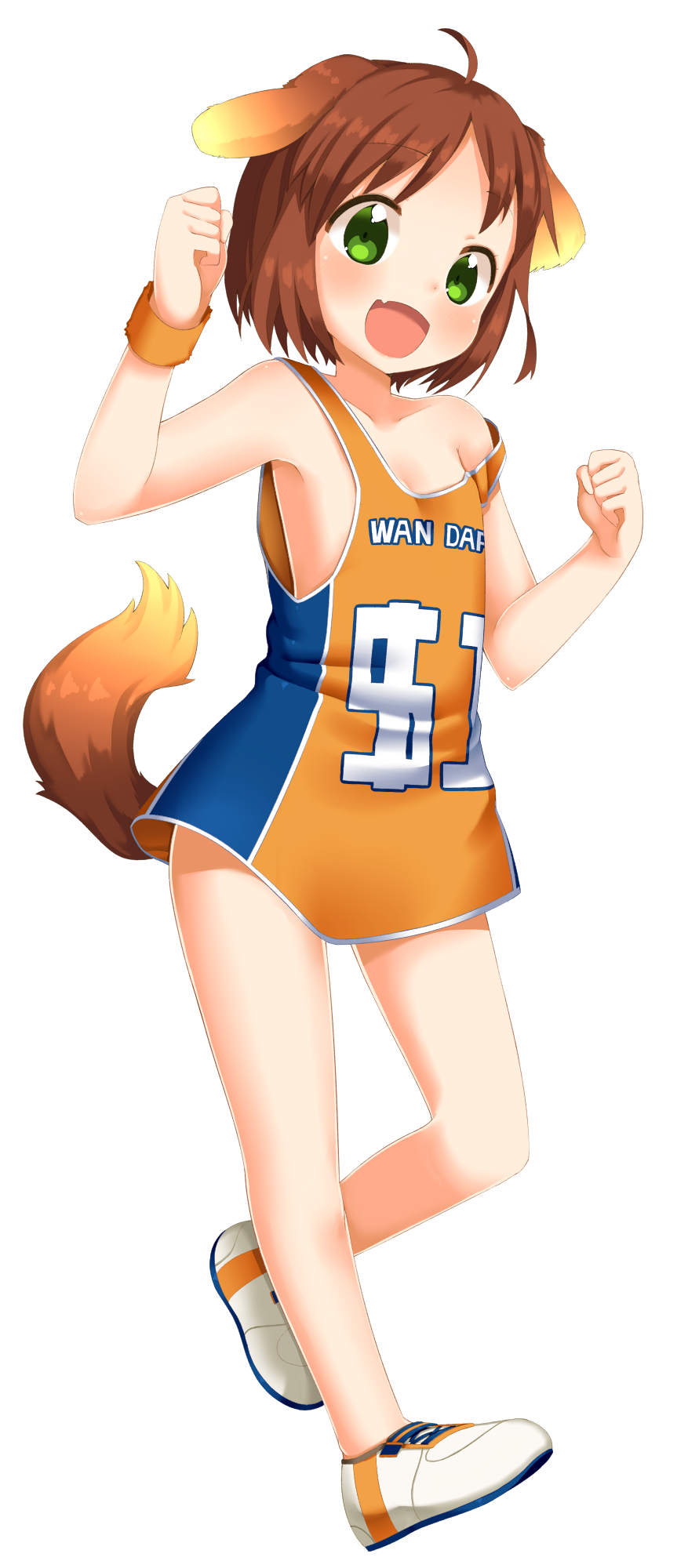 1girl, ahoge, animal_ears, bare_legs, bare_shoulders, brown_hair, dog_ears, dog_tail