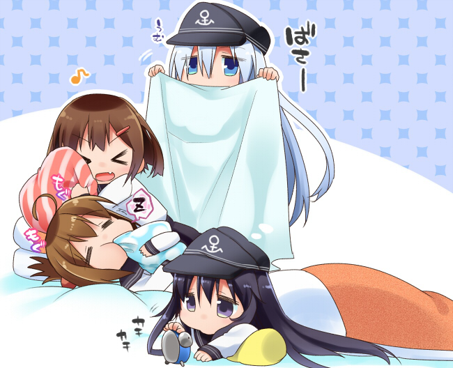 >_<, 4girls, =_=, ahoge, akatsuki_(kantai_collection), alarm_clock, biting, black_eyes