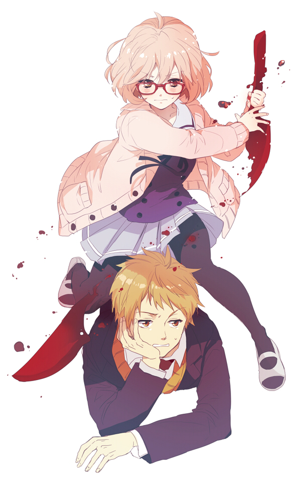 1boy, 1girl, blonde_hair, blush, brown_eyes, glasses, kanbara_akihito, kuriyama_mirai